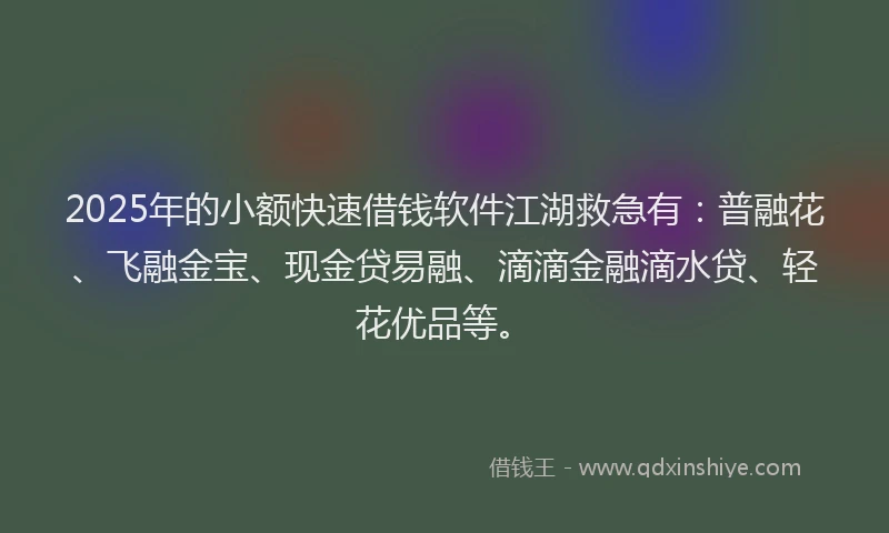 2025年的小额快速借钱软件江湖救急有：普融花、飞融金宝、现金贷易融、滴滴金融滴水贷、轻花优品等。