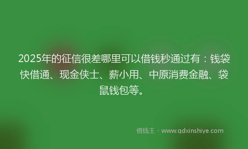 2025年的征信很差哪里可以借钱秒通过有：钱袋快借通、现金侠士、薪小用、中原消费金融、袋鼠钱包等。