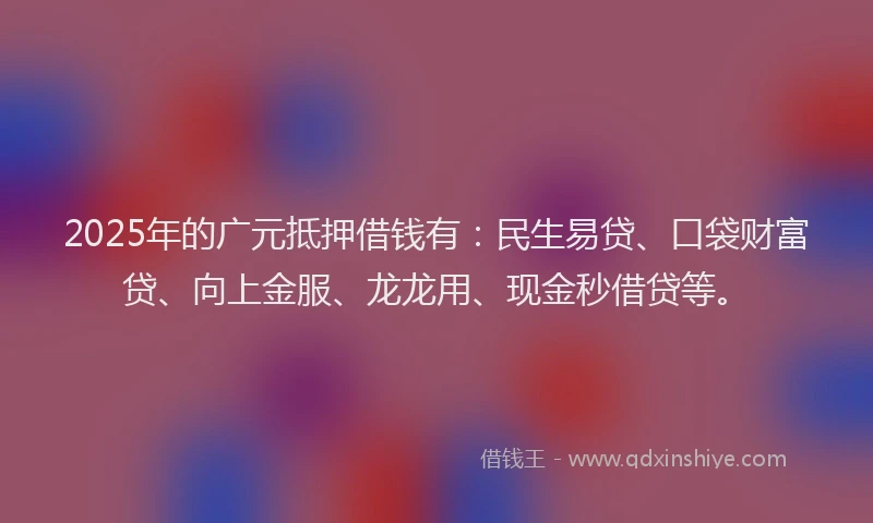 2025年的广元抵押借钱有：民生易贷、口袋财富贷、向上金服、龙龙用、现金秒借贷等。