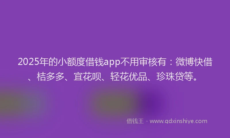 2025年的小额度借钱app不用审核有：微博快借、桔多多、宜花呗、轻花优品、珍珠贷等。
