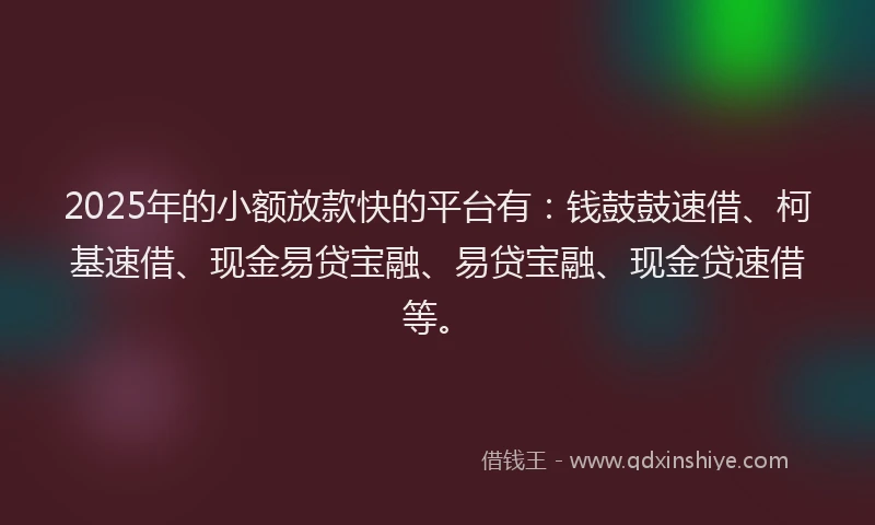2025年的小额放款快的平台有：钱鼓鼓速借、柯基速借、现金易贷宝融、易贷宝融、现金贷速借等。