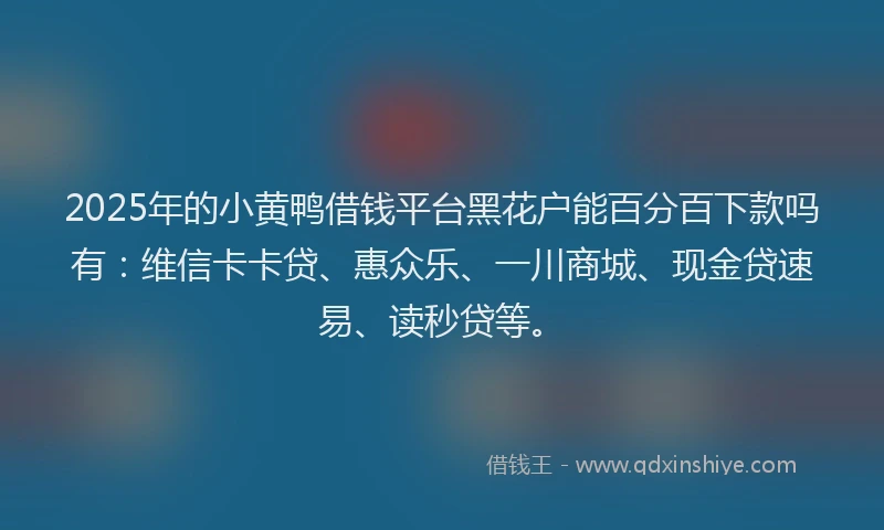 2025年的小黄鸭借钱平台黑花户能百分百下款吗有：维信卡卡贷、惠众乐、一川商城、现金贷速易、读秒贷等。