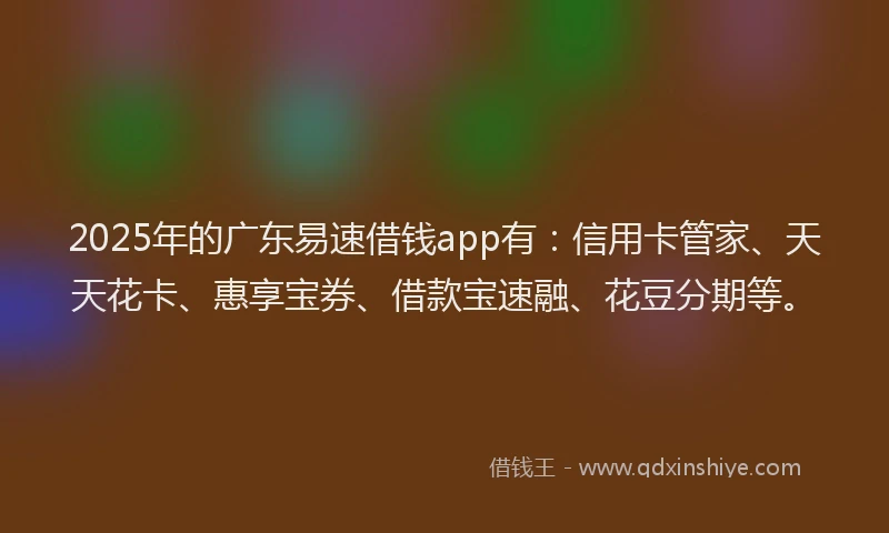 2025年的广东易速借钱app有：信用卡管家、天天花卡、惠享宝券、借款宝速融、花豆分期等。