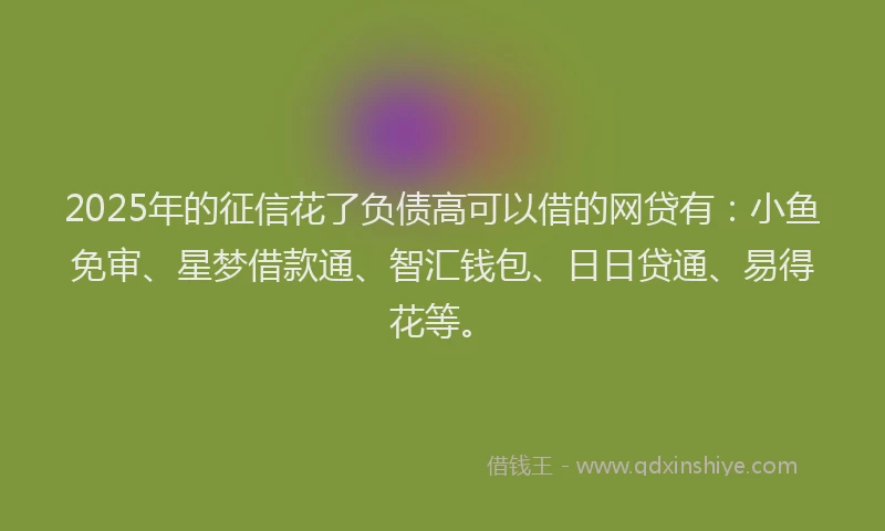 2025年的征信花了负债高可以借的网贷有：小鱼免审、星梦借款通、智汇钱包、日日贷通、易得花等。