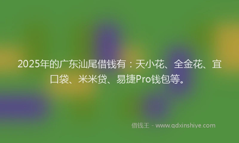 2025年的广东汕尾借钱有：天小花、全金花、宜口袋、米米贷、易捷Pro钱包等。