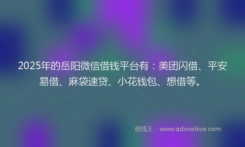 2025年的岳阳微信借钱平台有：美团闪借、平安易借、麻袋速贷、小花钱包、想借等。