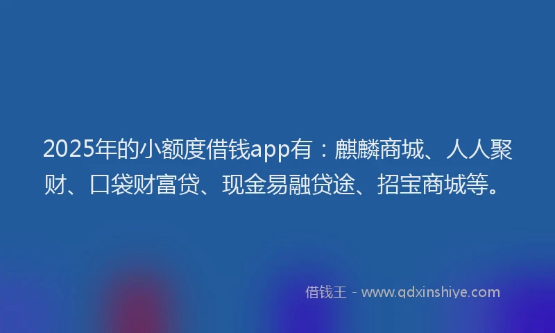 2025年的小额度借钱app有：麒麟商城、人人聚财、口袋财富贷、现金易融贷途、招宝商城等。