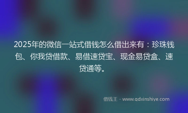 2025年的微信一站式借钱怎么借出来有：珍珠钱包、你我贷借款、易借速贷宝、现金易贷盒、速贷通等。