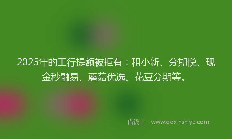 2025年的工行提额被拒有：租小新、分期悦、现金秒融易、蘑菇优选、花豆分期等。