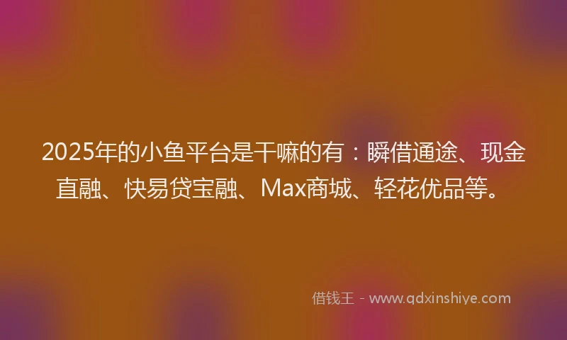 2025年的小鱼平台是干嘛的有：瞬借通途、现金直融、快易贷宝融、Max商城、轻花优品等。