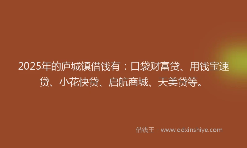 2025年的庐城镇借钱有：口袋财富贷、用钱宝速贷、小花快贷、启航商城、天美贷等。