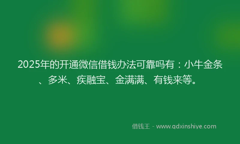 2025年的开通微信借钱办法可靠吗有：小牛金条、多米、疾融宝、金满满、有钱来等。