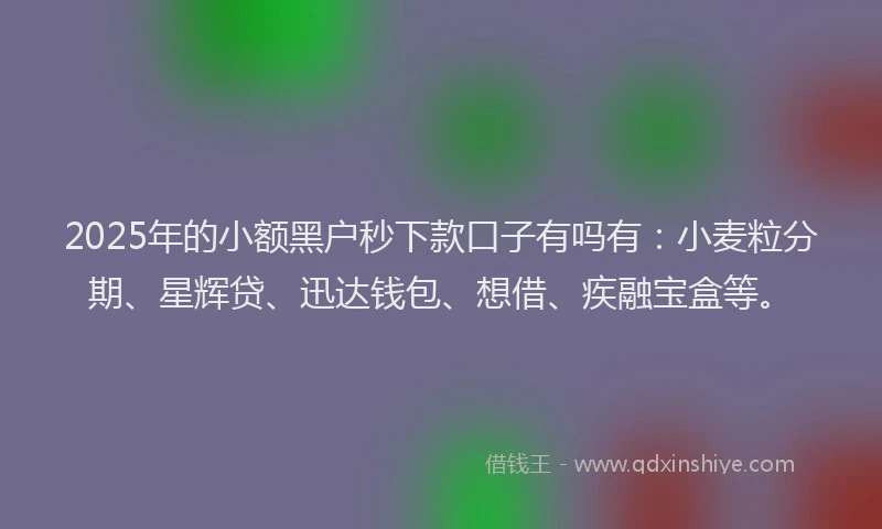 2025年的小额黑户秒下款口子有吗有：小麦粒分期、星辉贷、迅达钱包、想借、疾融宝盒等。