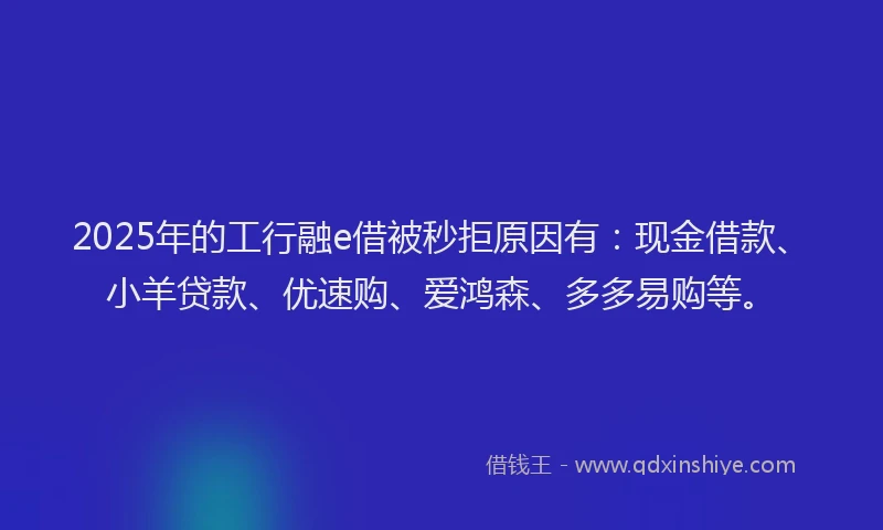 2025年的工行融e借被秒拒原因有：现金借款、小羊贷款、优速购、爱鸿森、多多易购等。