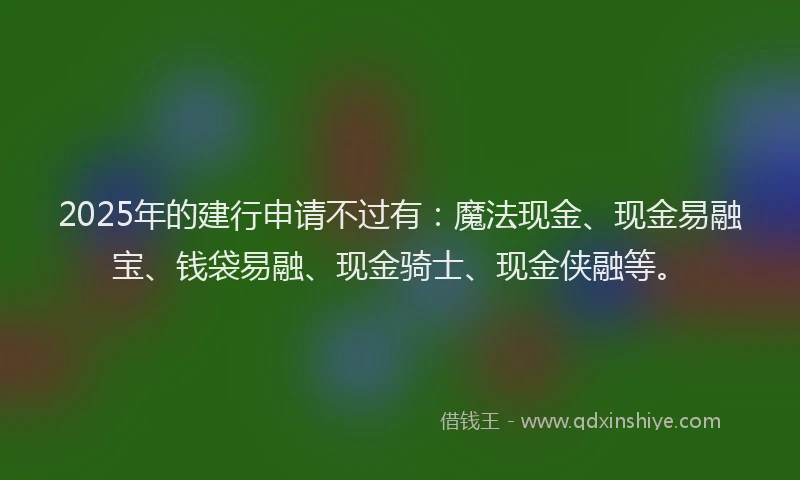 2025年的建行申请不过有：魔法现金、现金易融宝、钱袋易融、现金骑士、现金侠融等。