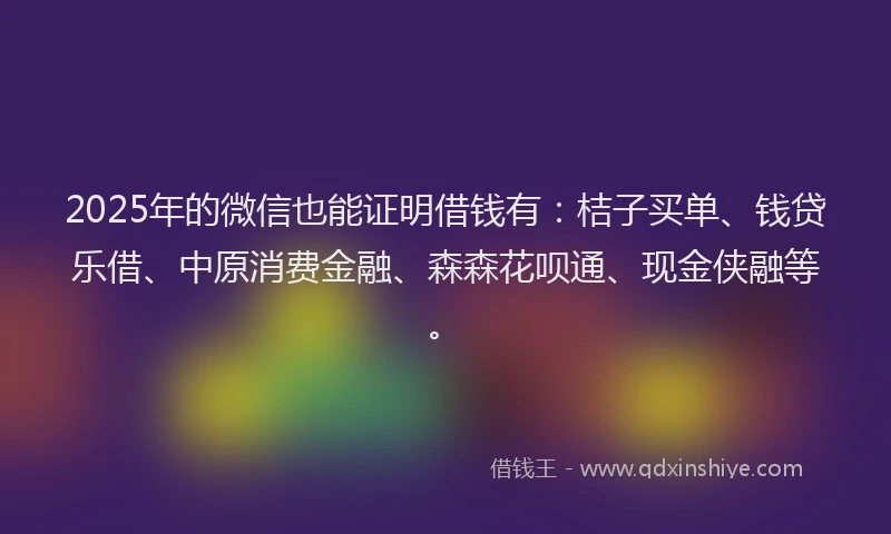 2025年的微信也能证明借钱有：桔子买单、钱贷乐借、中原消费金融、森森花呗通、现金侠融等。