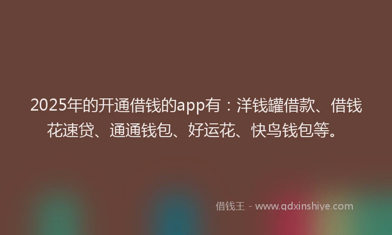 2025年的开通借钱的app有：洋钱罐借款、借钱花速贷、通通钱包、好运花、快鸟钱包等。