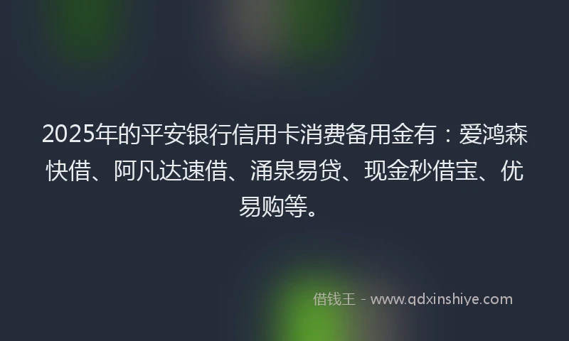 2025年的平安银行信用卡消费备用金有：爱鸿森快借、阿凡达速借、涌泉易贷、现金秒借宝、优易购等。