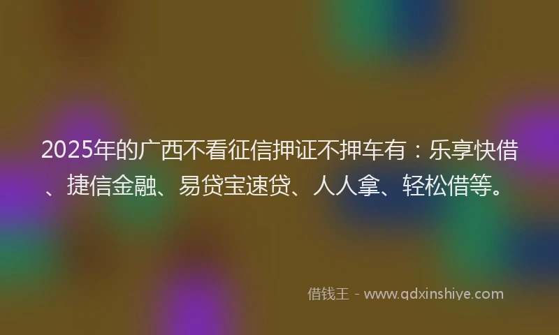2025年的广西不看征信押证不押车有：乐享快借、捷信金融、易贷宝速贷、人人拿、轻松借等。