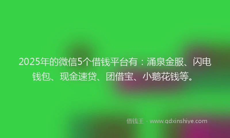 2025年的微信5个借钱平台有：涌泉金服、闪电钱包、现金速贷、团借宝、小鹅花钱等。