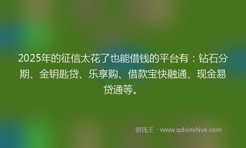 2025年的征信太花了也能借钱的平台有：钻石分期、金钥匙贷、乐享购、借款宝快融通、现金易贷通等。