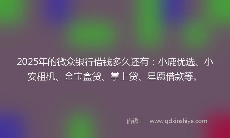 2025年的微众银行借钱多久还有：小鹿优选、小安租机、金宝盒贷、掌上贷、星愿借款等。