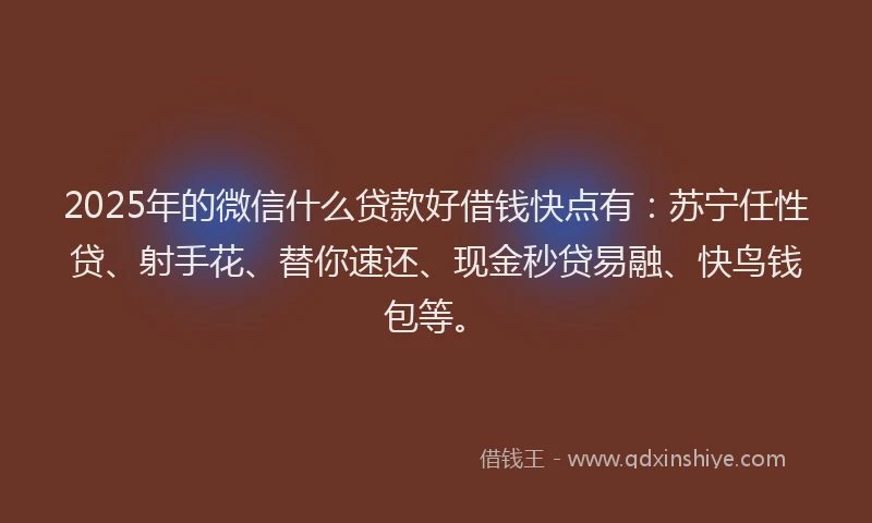 2025年的微信什么贷款好借钱快点有：苏宁任性贷、射手花、替你速还、现金秒贷易融、快鸟钱包等。