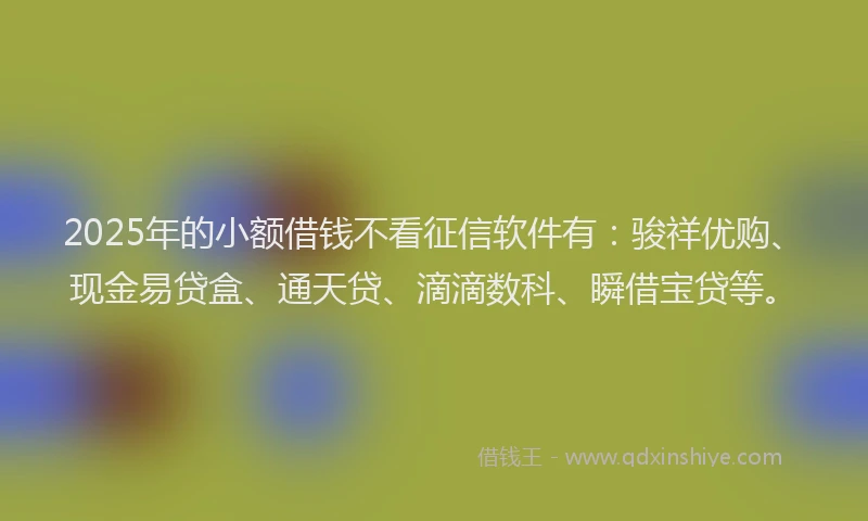 2025年的小额借钱不看征信软件有：骏祥优购、现金易贷盒、通天贷、滴滴数科、瞬借宝贷等。