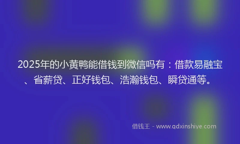 2025年的小黄鸭能借钱到微信吗有：借款易融宝、省薪贷、正好钱包、浩瀚钱包、瞬贷通等。