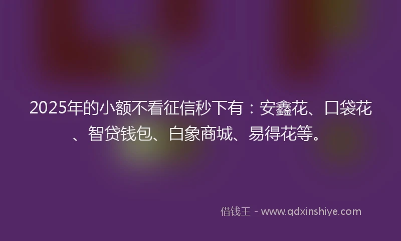 2025年的小额不看征信秒下有：安鑫花、口袋花、智贷钱包、白象商城、易得花等。