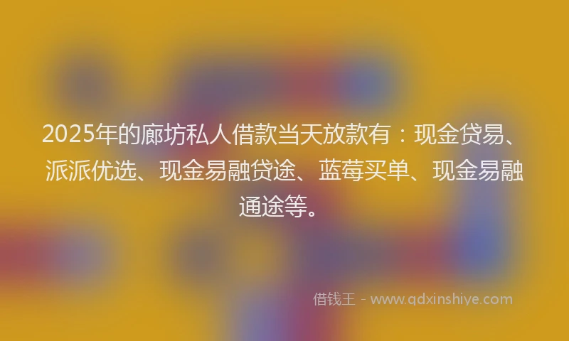 2025年的廊坊私人借款当天放款有：现金贷易、派派优选、现金易融贷途、蓝莓买单、现金易融通途等。