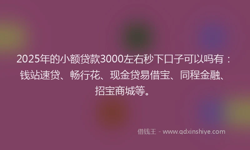 2025年的小额贷款3000左右秒下口子可以吗有：钱站速贷、畅行花、现金贷易借宝、同程金融、招宝商城等。