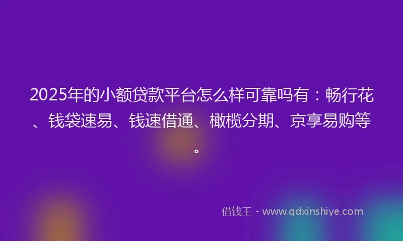 2025年的小额贷款平台怎么样可靠吗有：畅行花、钱袋速易、钱速借通、橄榄分期、京享易购等。