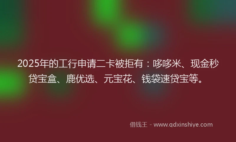 2025年的工行申请二卡被拒有：哆哆米、现金秒贷宝盒、鹿优选、元宝花、钱袋速贷宝等。