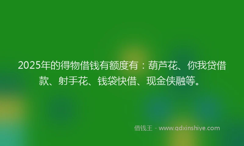2025年的得物借钱有额度有：葫芦花、你我贷借款、射手花、钱袋快借、现金侠融等。