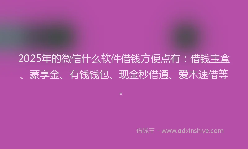 2025年的微信什么软件借钱方便点有：借钱宝盒、蒙享金、有钱钱包、现金秒借通、爱木速借等。