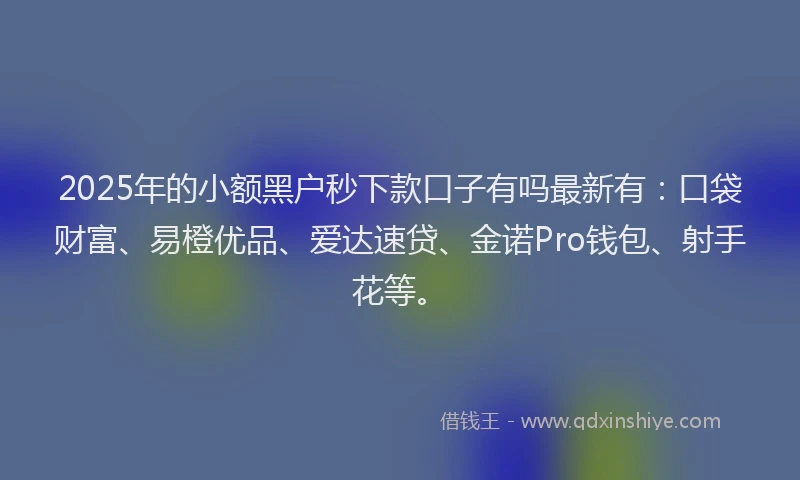 2025年的小额黑户秒下款口子有吗最新有：口袋财富、易橙优品、爱达速贷、金诺Pro钱包、射手花等。
