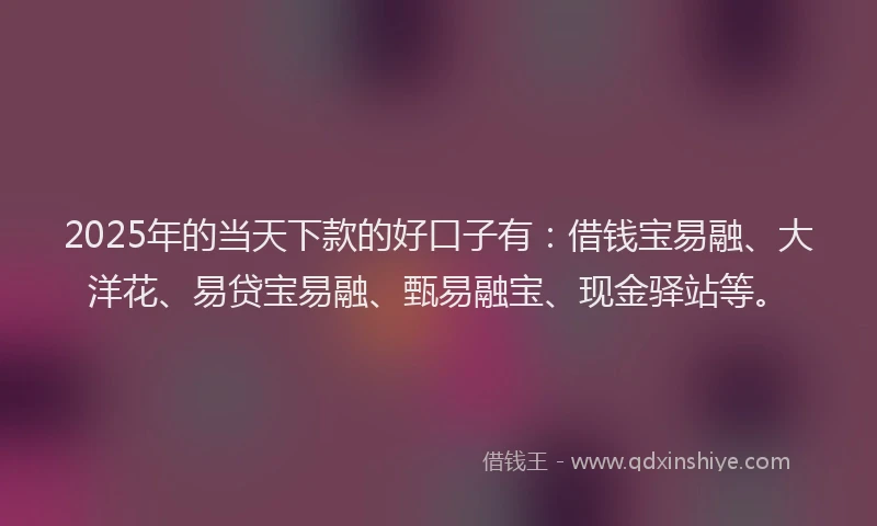 2025年的当天下款的好口子有：借钱宝易融、大洋花、易贷宝易融、甄易融宝、现金驿站等。