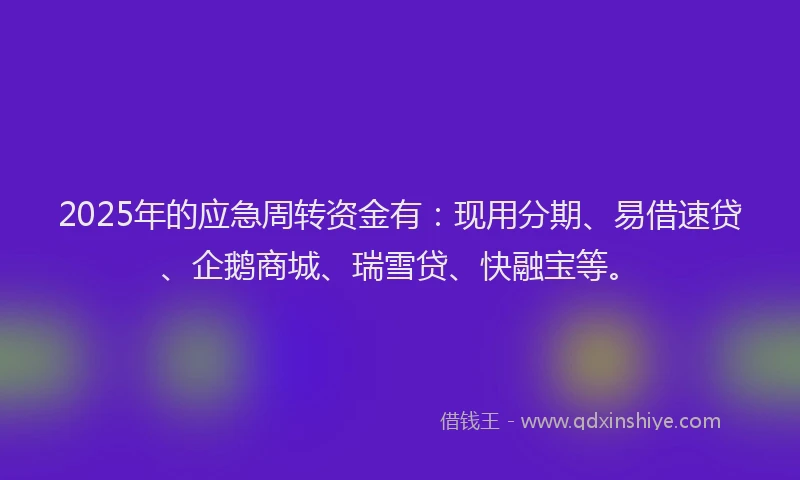 2025年的应急周转资金有：现用分期、易借速贷、企鹅商城、瑞雪贷、快融宝等。