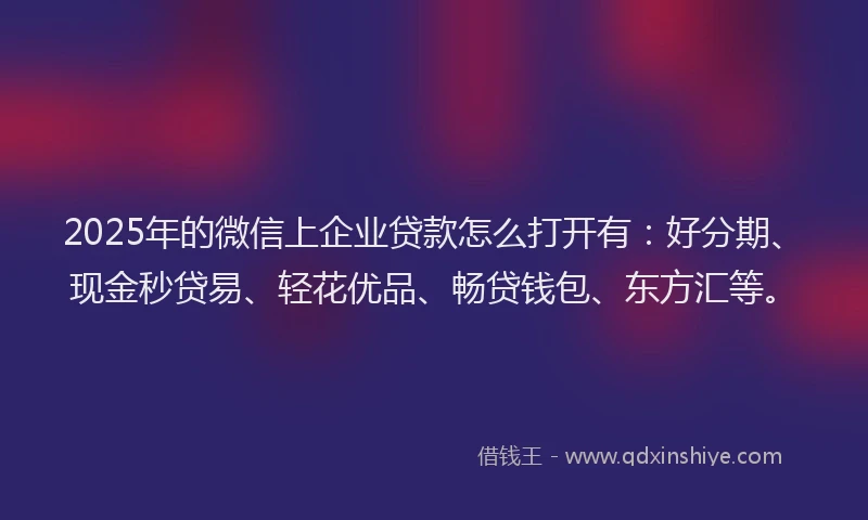 2025年的微信上企业贷款怎么打开有：好分期、现金秒贷易、轻花优品、畅贷钱包、东方汇等。