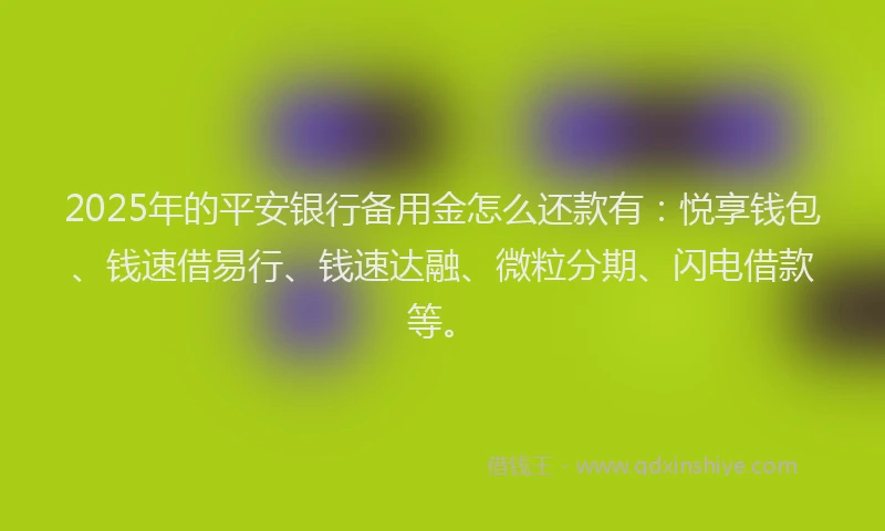 2025年的平安银行备用金怎么还款有：悦享钱包、钱速借易行、钱速达融、微粒分期、闪电借款等。