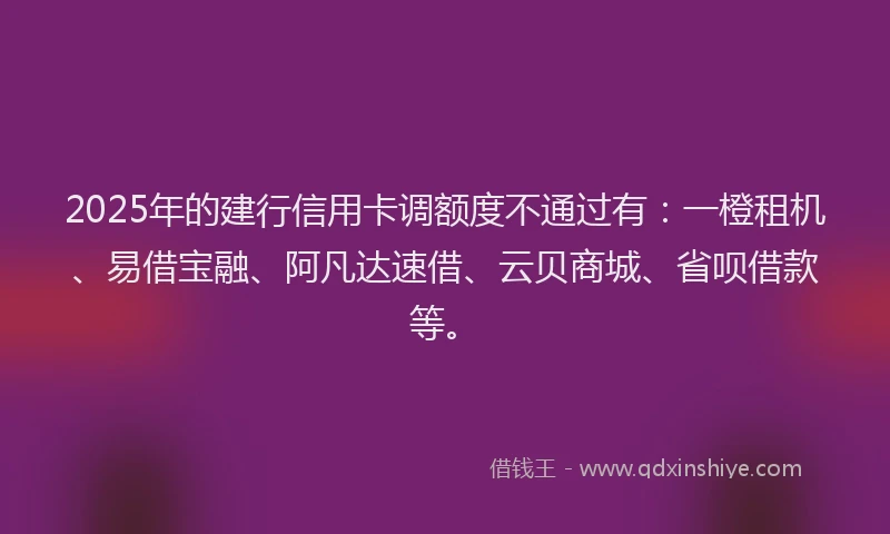 2025年的建行信用卡调额度不通过有：一橙租机、易借宝融、阿凡达速借、云贝商城、省呗借款等。