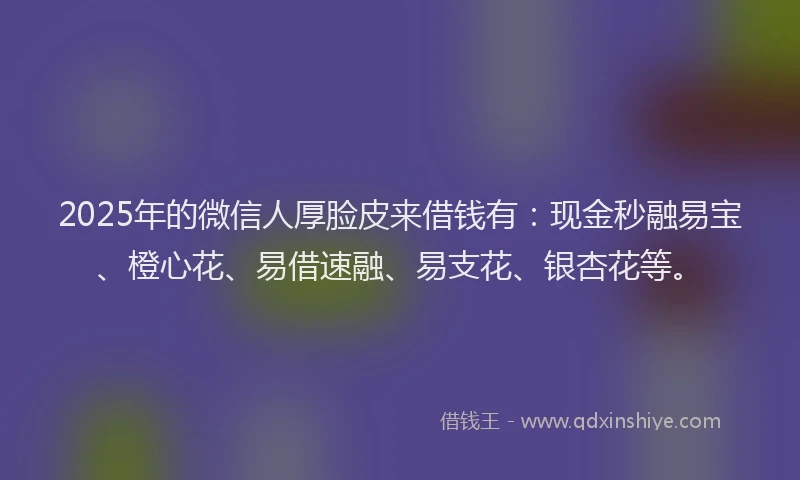 2025年的微信人厚脸皮来借钱有：现金秒融易宝、橙心花、易借速融、易支花、银杏花等。