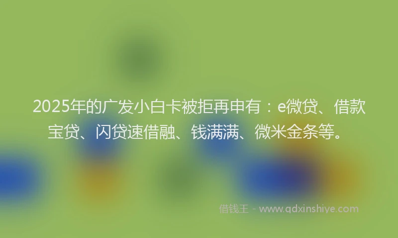 2025年的广发小白卡被拒再申有：e微贷、借款宝贷、闪贷速借融、钱满满、微米金条等。