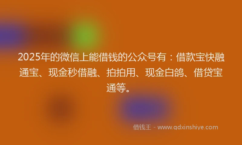 2025年的微信上能借钱的公众号有：借款宝快融通宝、现金秒借融、拍拍用、现金白鸽、借贷宝通等。