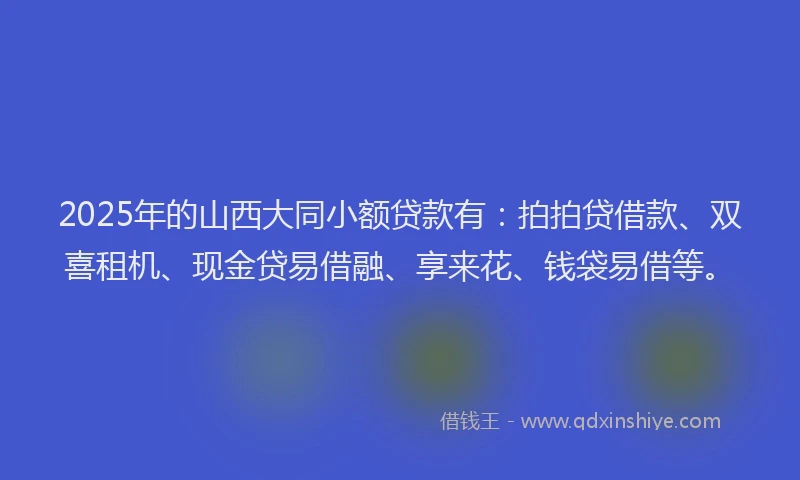 2025年的山西大同小额贷款有：拍拍贷借款、双喜租机、现金贷易借融、享来花、钱袋易借等。