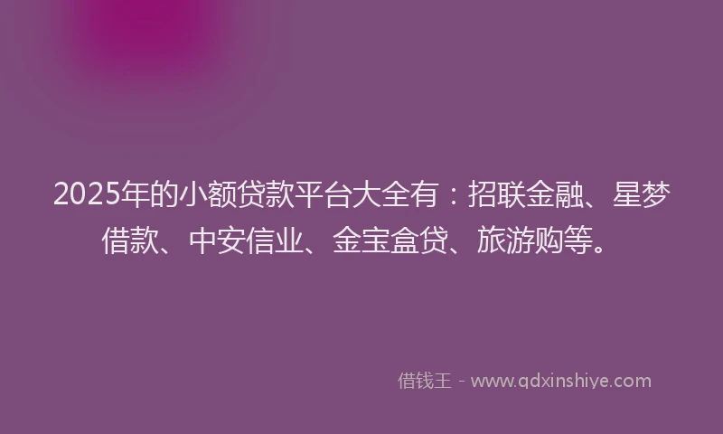 2025年的小额贷款平台大全有：招联金融、星梦借款、中安信业、金宝盒贷、旅游购等。