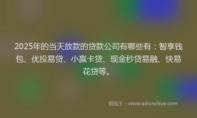 2025年的当天放款的贷款公司有哪些有：智享钱包、优投易贷、小赢卡贷、现金秒贷易融、快易花贷等。