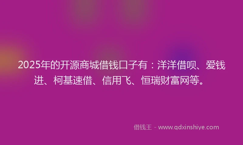 2025年的开源商城借钱口子有：洋洋借呗、爱钱进、柯基速借、信用飞、恒瑞财富网等。
