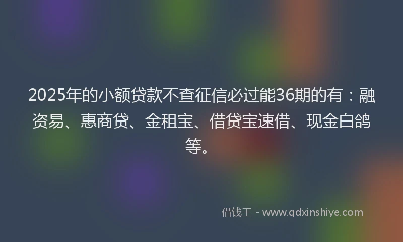2025年的小额贷款不查征信必过能36期的有：融资易、惠商贷、金租宝、借贷宝速借、现金白鸽等。